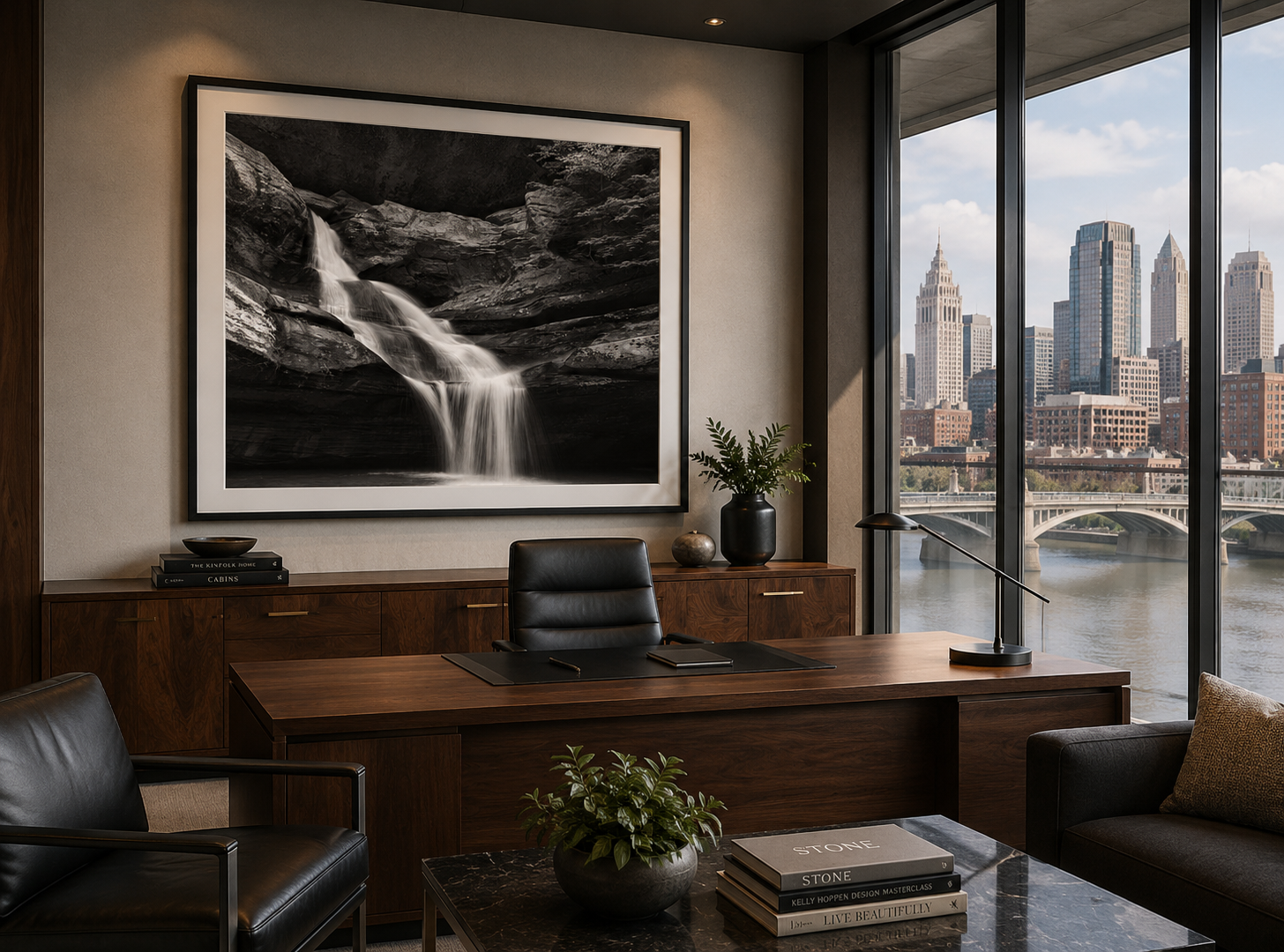 Black and white Hocking Hills waterfall artwork displayed in an executive office by Dan Sproul